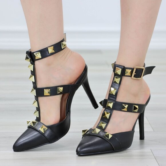 Black Pointed Toe High Heels Trendy Gold Studs Ankle Strap Stiletto's - Picture 6 of 13
